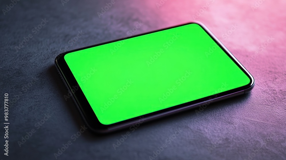 Poster a smartphone with a green screen resting on a textured surface, ready for digital content.
