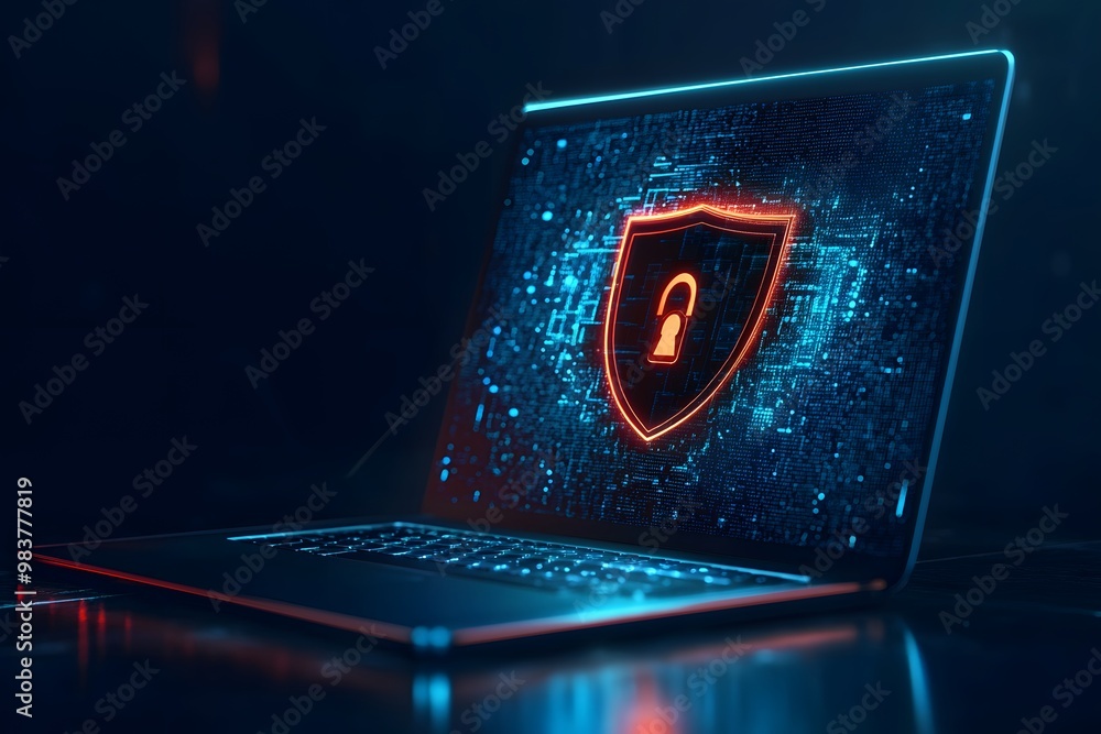 Poster laptop with a digital shield and lock on the screen, signifying data protection in a cybersecurity c