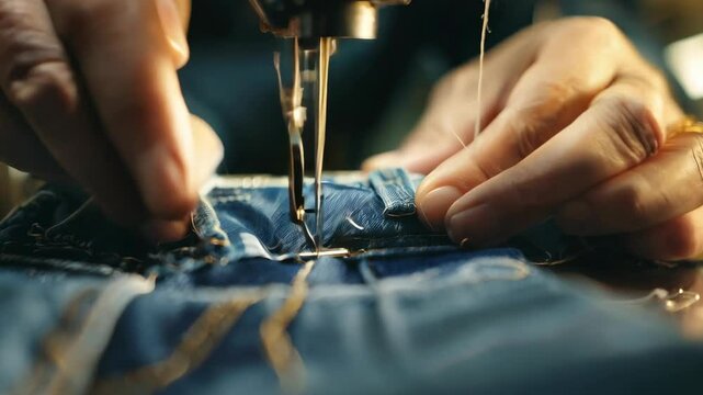 Close up hand sewing jeans cloth