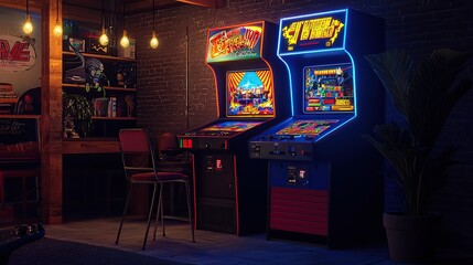 Obraz premium Retro arcade games in a dimly lit room with a brick wall.