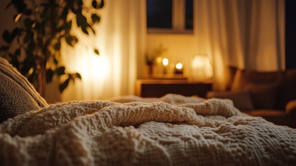 A cozy bedroom scene with soft blankets, warm lighting, and a peaceful ambiance.