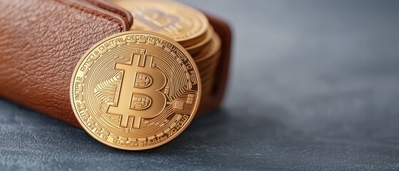 Bitcoin Coins in a Brown Leather Wallet