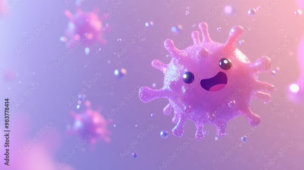 Poster a cheerful cartoonish virus character with a happy expression in a colorful background.