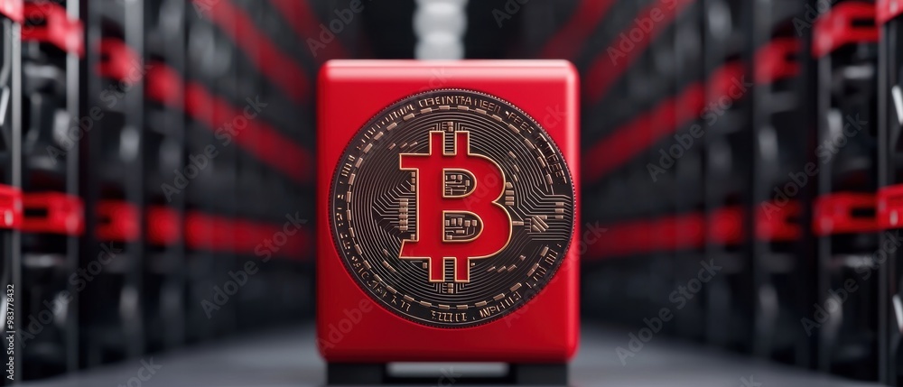 Poster red bitcoin block in a high-tech mining facility