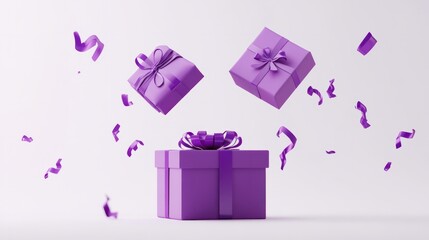 Render of a 3D render of a gift box opening animation showing the purple presents open and closed, isolated on white background. Realistic rendering. 3D illustration. transparent background