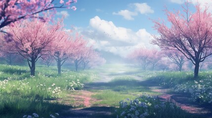 a nice landscape anime background of pinky sakura flowers on the street