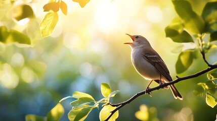 Obraz premium A serene scene capturing the symphony of birdsong in a tranquil setting, where various birds sing harmoniously amidst lush greenery, embodying the beauty of nature and the joy of wildlife, 