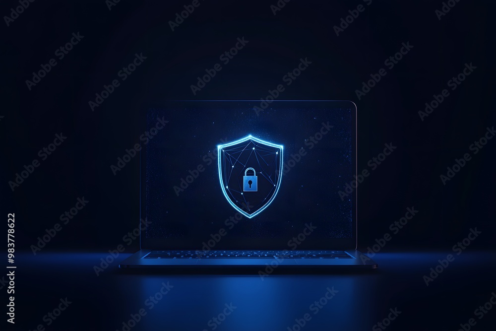 Poster laptop with a digital shield and lock on the screen, signifying data protection in a cybersecurity c