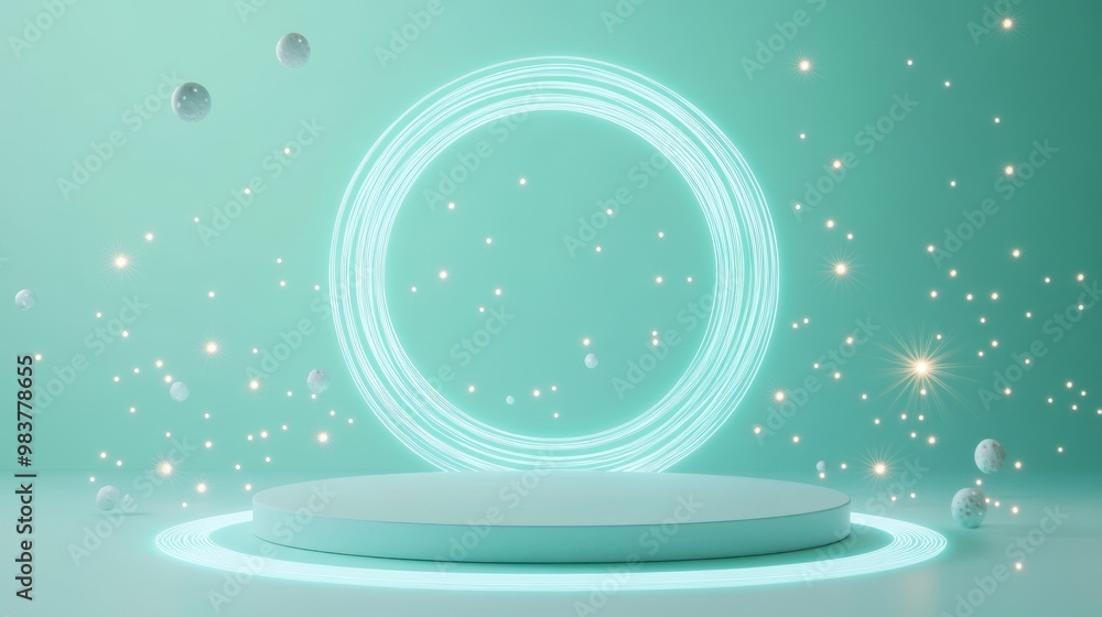 Poster A glowing circular display with floating spheres and a serene background.