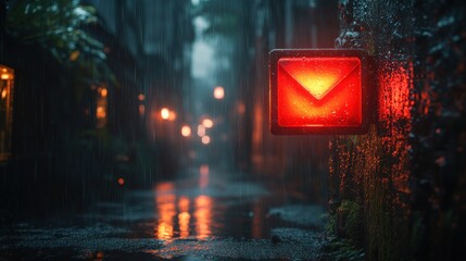 Fototapeta premium Illuminated Red Mailbox in a Rainy Alley at Night with Warm Street Lights and Wet Pavement