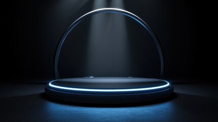 A minimalist stage with a circular platform and ambient lighting for presentations or performances.