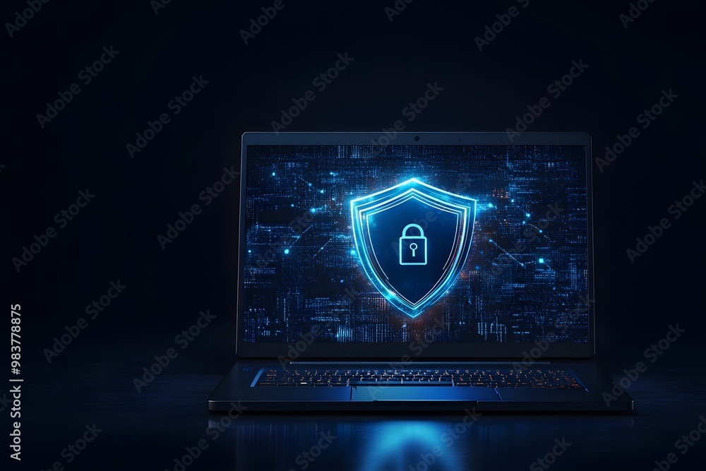 Poster laptop with a digital shield and lock on the screen, signifying data protection in a cybersecurity c