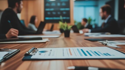 A business meeting in progress with documents and laptops on a conference table.