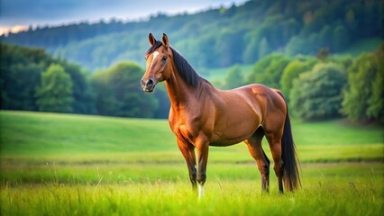 Fototapeta premium Beautiful brown horse standing in a green field, horse, mammal, animal, brown, mane, pasture, farm, equine, domestic