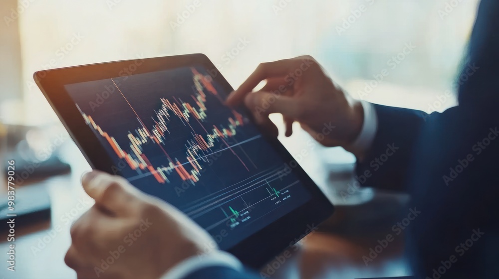 Poster a person analyzing financial data on a tablet with graphs and charts displayed.