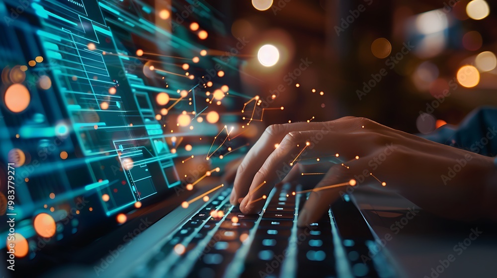 Poster close-up of a person's hand typing on a laptop with a digital network connection displayed on the sc