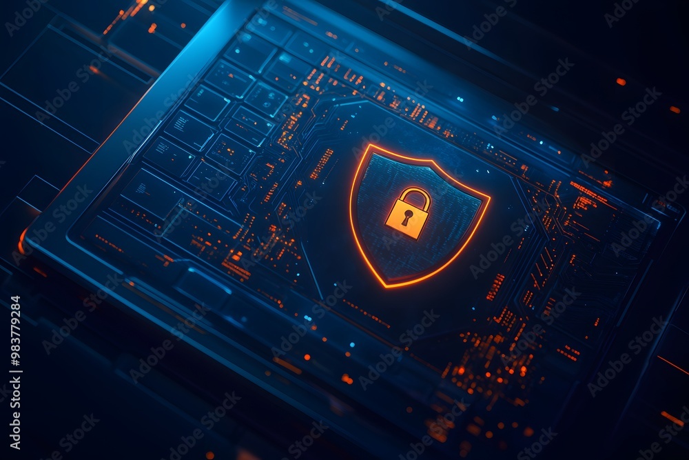 Aufkleber laptop with a digital shield and lock on the screen, signifying data protection in a cybersecurity c