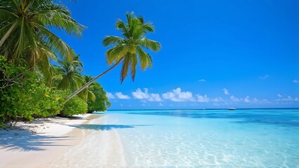 Lush tropical island with white sandy beach and sparkling clear waters under bright blue sky_029