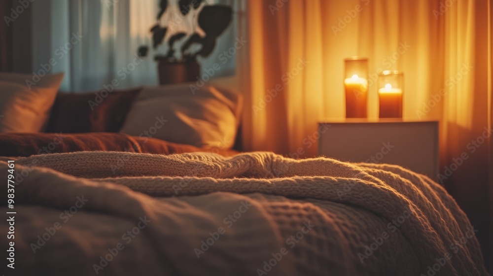 Canvas Prints A cozy bedroom scene with warm candlelight and a textured blanket.