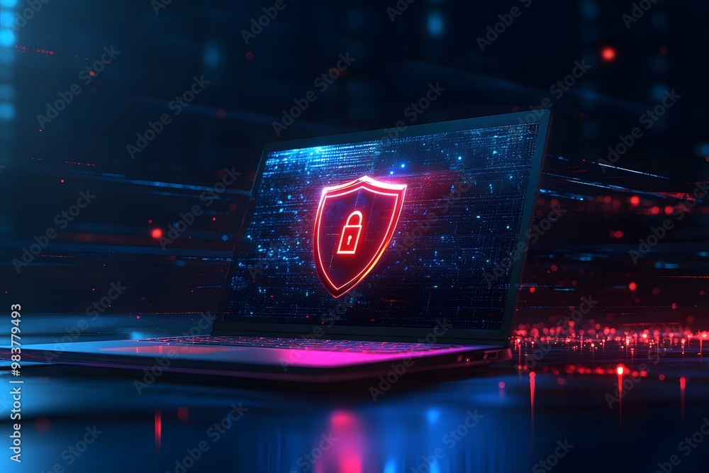 Poster laptop with a digital shield and lock on the screen, signifying data protection in a cybersecurity c