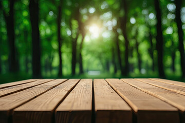 A serene wooden table in a lush green forest, capturing natural beauty and tranquility with sunlight filtering through the trees.