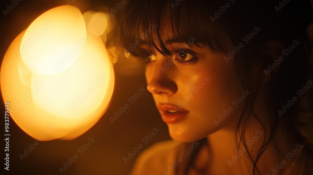 Wall mural A close-up of a woman's face illuminated by warm light, capturing a moment of introspection.