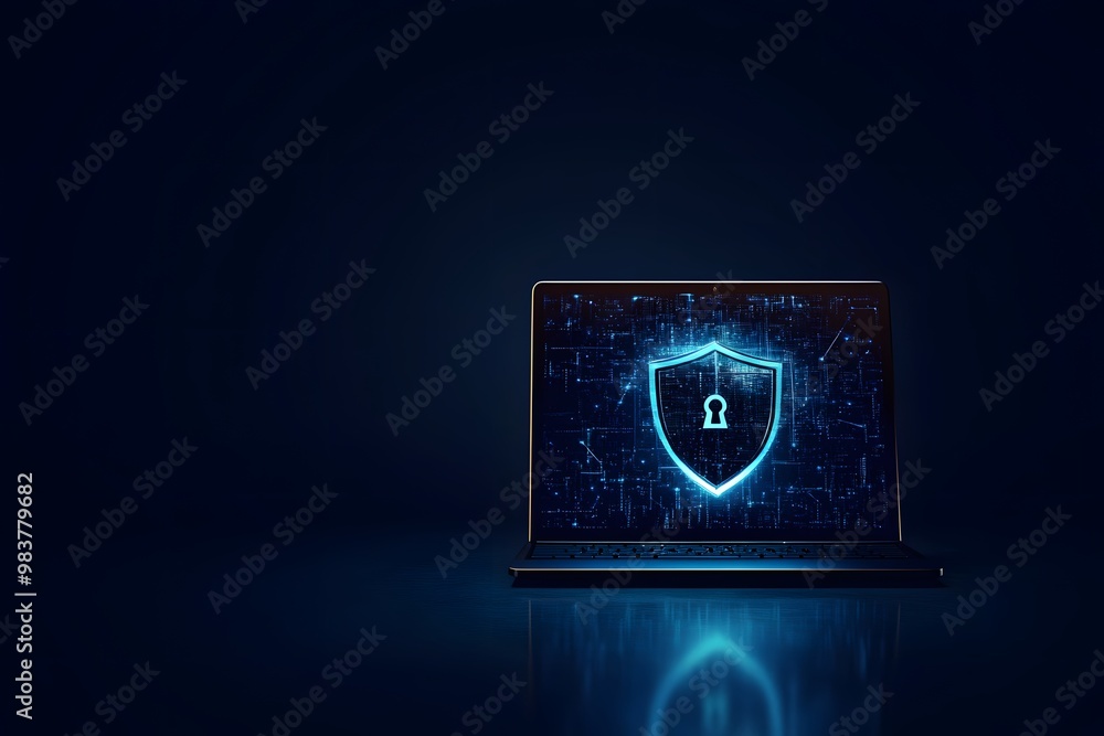 Poster laptop with a digital shield and lock on the screen, signifying data protection in a cybersecurity c