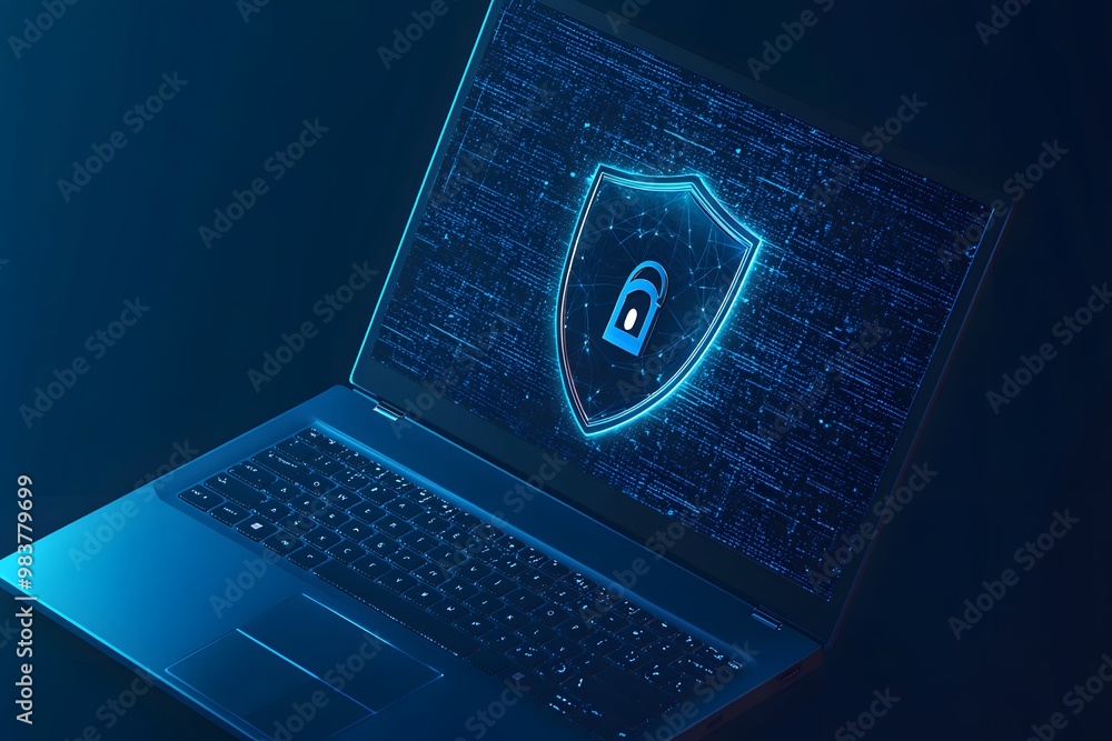 Aufkleber laptop with a digital shield and lock on the screen, signifying data protection in a cybersecurity c