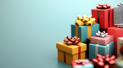 Obraz premium Stack of Christmas gift boxes. Heap of wrapped present boxes with bows. Composition with copyspace. Christmas present, Valentines Day, Birthday concept, Happy New Year greeting card