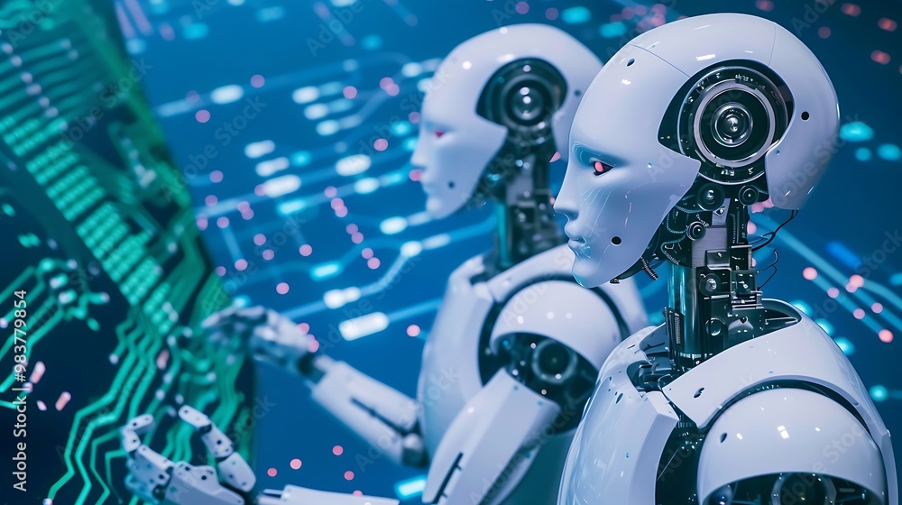 Poster two humanoid robots working on a digital interface with a blue background and a green circuit board.