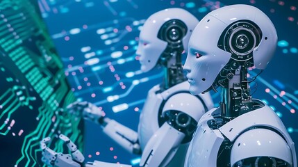 Two humanoid robots working on digital interface with blue background and green circuit board for representing artificial intelligence robotics collaboration and futuristic technology concept.