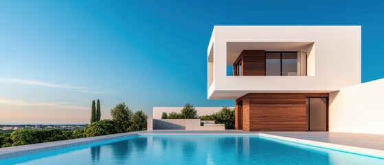 Fototapeta premium Modern villa with swimming pool and blue sky background