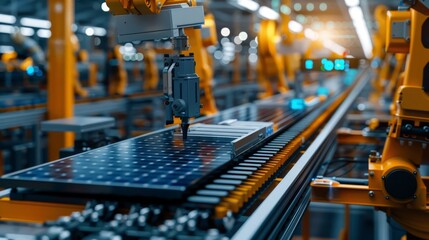 Obraz premium Cutting-edge factory with automated systems powered by wind and solar energy, showcasing innovation and high-tech efficiency