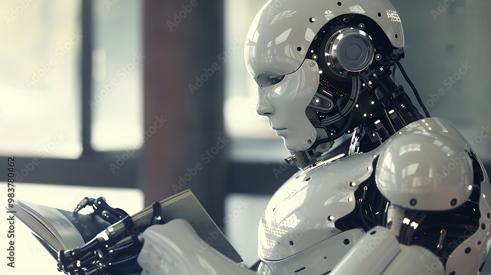 Poster close-up of a robot reading a book. it's a powerful image of artificial intelligence and its potenti