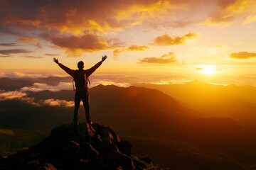 A silhouetted figure stands atop a mountain, arms raised in triumph against a stunning sunset backdrop.