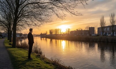 Silhouette of a Man Against a Sunset Over a Canal