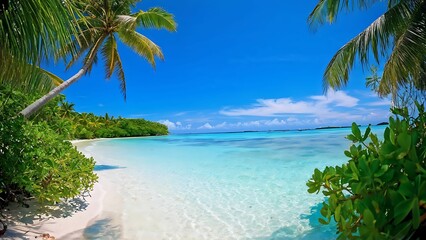 Lush tropical island with white sandy beach and sparkling clear waters under bright blue sky_063