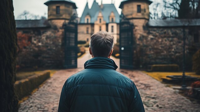 A Man Standing Before an Old Castle Gate