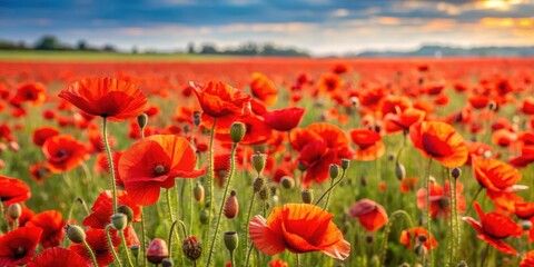 Fototapeta premium Vibrant red poppy fields in full bloom, poppy, flowers, field, bloom, vibrant, red, nature, landscape, beauty, agriculture