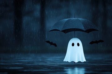 A whimsical ghost under an umbrella in the rain, with bats flying around. Perfect for Halloween and spooky themes.