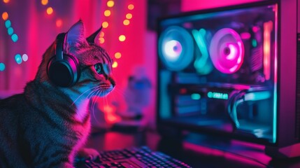 Cute cat with headphones sitting at a computer setup with neon lights and gaming accessories in a vibrant, colorful room.