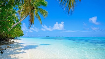 Lush tropical island with white sandy beach and sparkling clear waters under bright blue sky_070