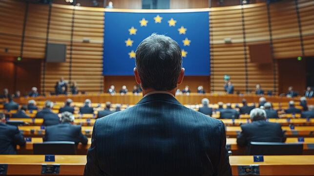 Man in a suit looks towards the European Union flag.
