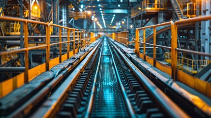 Fototapeta premium Heavy machinery operating in conjunction with conveyor belts in a large industrial environment, highlighting advanced technology