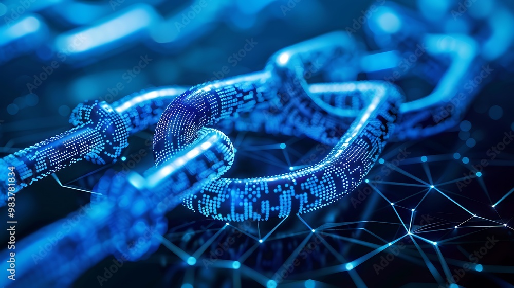 Poster digital chain represents the security of data interconnectivity the blue link glow with code pattern