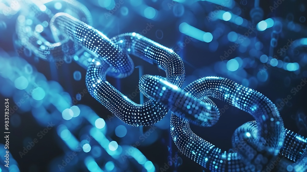 Poster abstract image of a digital chain, emphasizing technology and connection in a futuristic style.