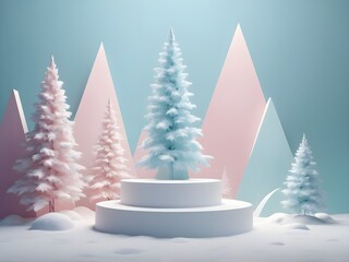 abstract pastel Falling christmas shining snow minimal scene 3d winter platform winter holiday ice snow background