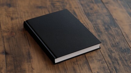 Fototapeta premium A simple black book resting on a rustic wooden surface, perfect for writing, journaling, or creative projects.