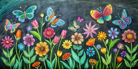 Colorful chalk drawing of a garden with vibrant flowers and butterflies , garden, chalk drawing, colorful, flowers