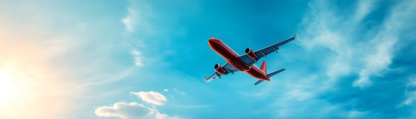 A bright, blue sky serves as a backdrop for a red airplane soaring through the air, symbolizing travel and adventure.